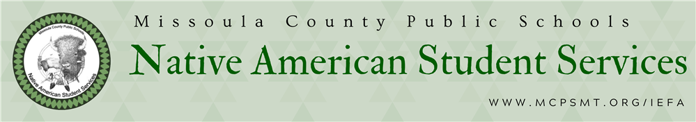 Green banner says Missoula County Public Schools, Native American Student Services, gives website and has buffalo graphic.